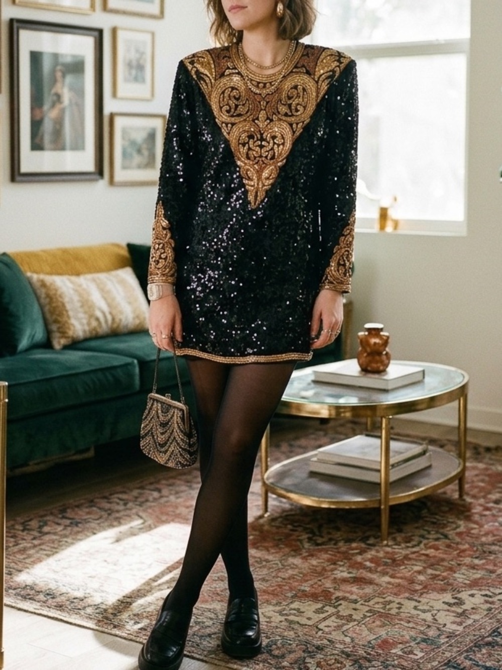 Vintage 80s 100% Silk Oleg Cassini Sequined Gold Beaded Embellished Boho Dress S
